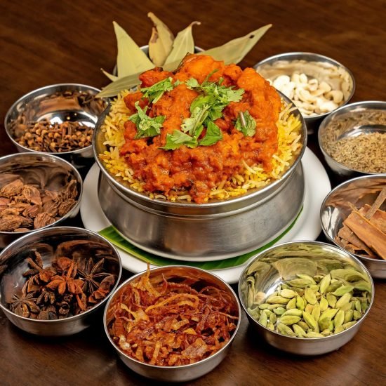 Indian biryani with vibrant spices beautifully arranged. Perfect for food lovers.